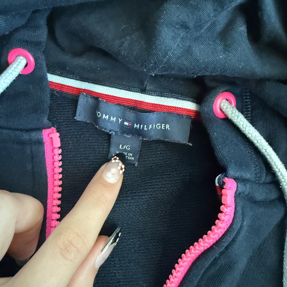 TOMMY HILFIGER Vintage Zip Up Hoodie Colorblock Navy Pink Trim Logo Embroidery L - Picture 2 of 6